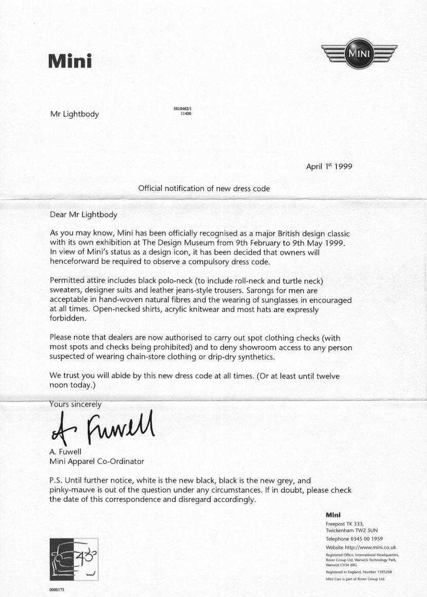 1999 Rover Mini MPi April Fools Letter